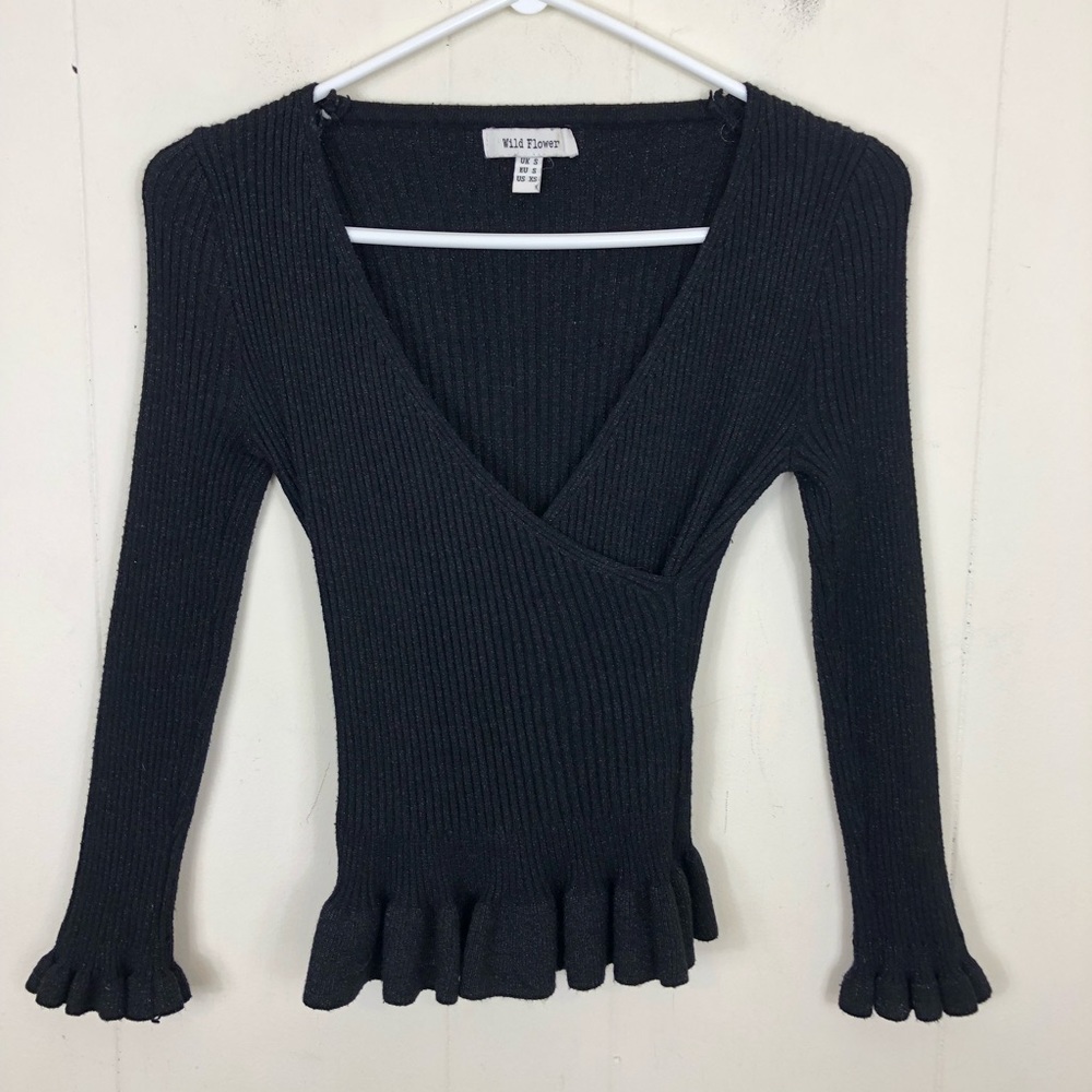 ASOS Wild Flower Ribbed Sparkle V-Neck Sweater‎ Sz S